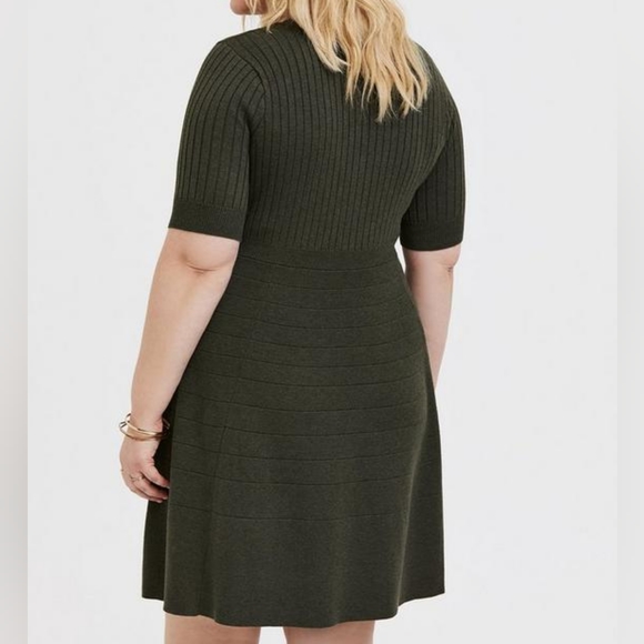 Olive Button Front Sweater Skater Dress - Picture 2 of 7